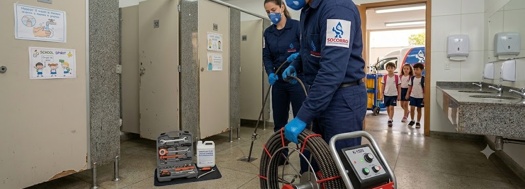 Profissional realizando Desentupimento e Manutenção Preventiva para Escolas, Colégios e Creches em Biguaçu